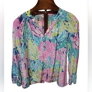 Lilly Pulitzer Elsa Silk Colorful V Neck Long Sleeve Top Size Small